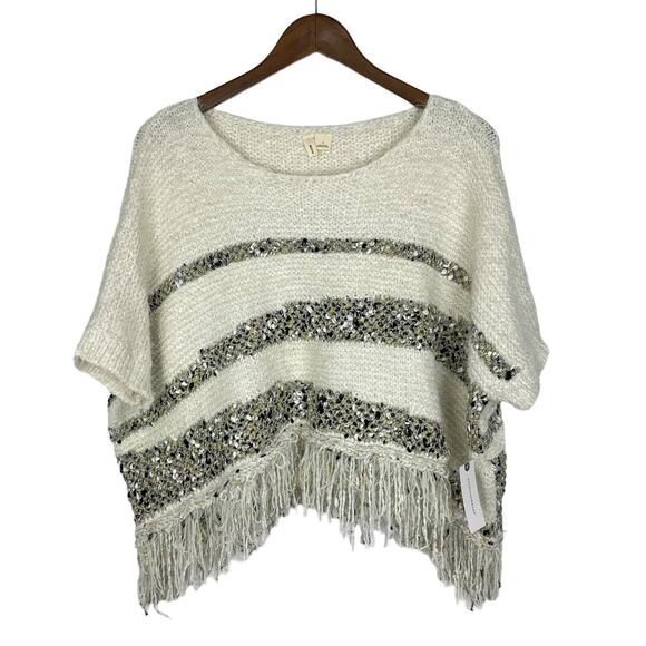 Moth | Anthropologie NWT White Soft Chunky Knit Metallic Stripe Fringe Sweater - Picture 3 of 12